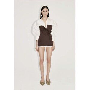 Aaizel NWT Volume Sleeve Deconstructed Wrap Shirt Dress White Brown Size Small/8
